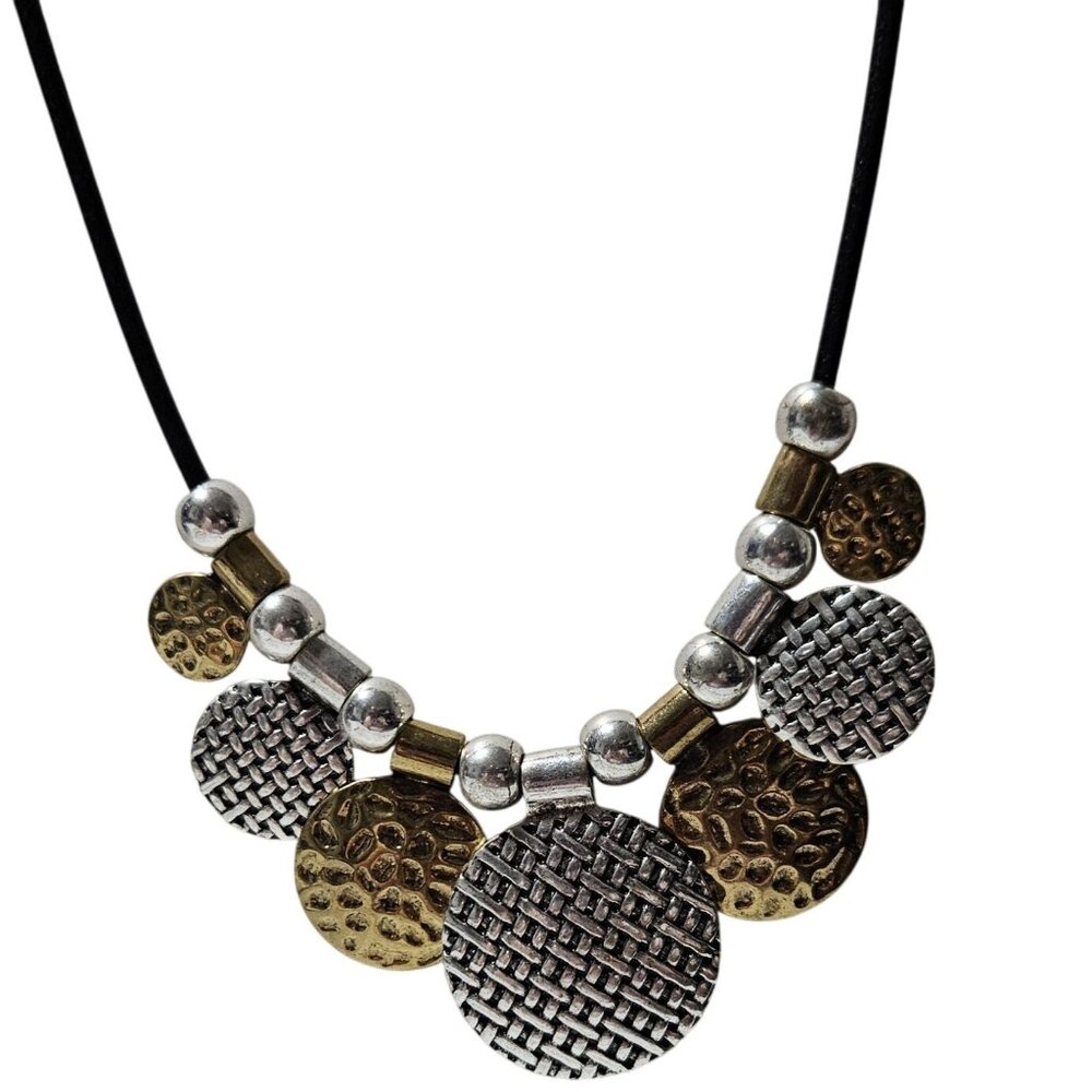 Boho Chic Gold Silver Tone Disk Necklace Adjustable Black Cord Art Deco Jewelry